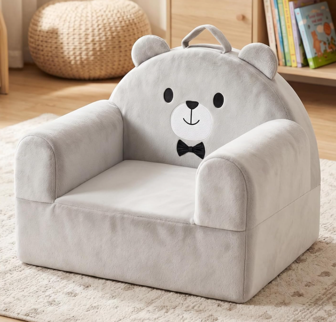 Grey Crystal Velvet Bear-Themed Children's Sofa With Removable Cover
